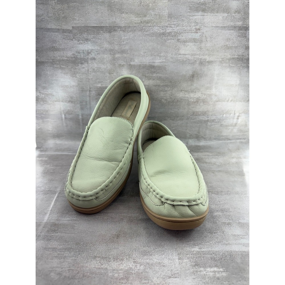My Slippers My Pillow Women Sz 11 Sage Green Leather Moccasin Loafers 74466-07